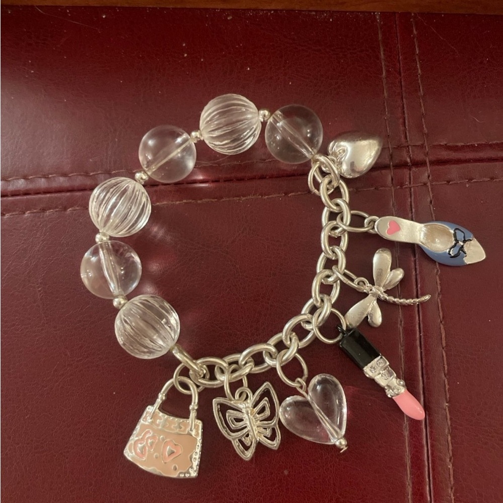 Silver Bracelet with Clear Beads and Charms